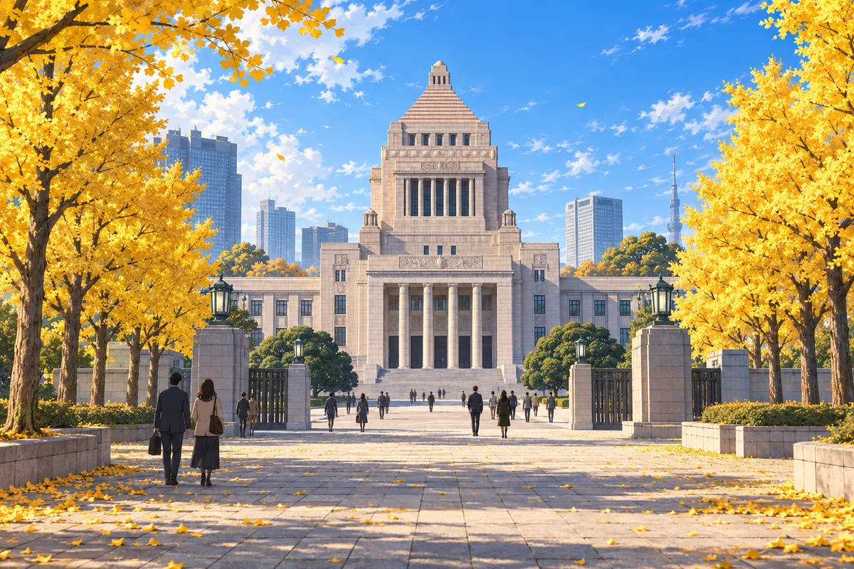 よく晴れた秋の朝の国会議事堂。石畳の道にそって黄色く色づいたイチョウ並木がある