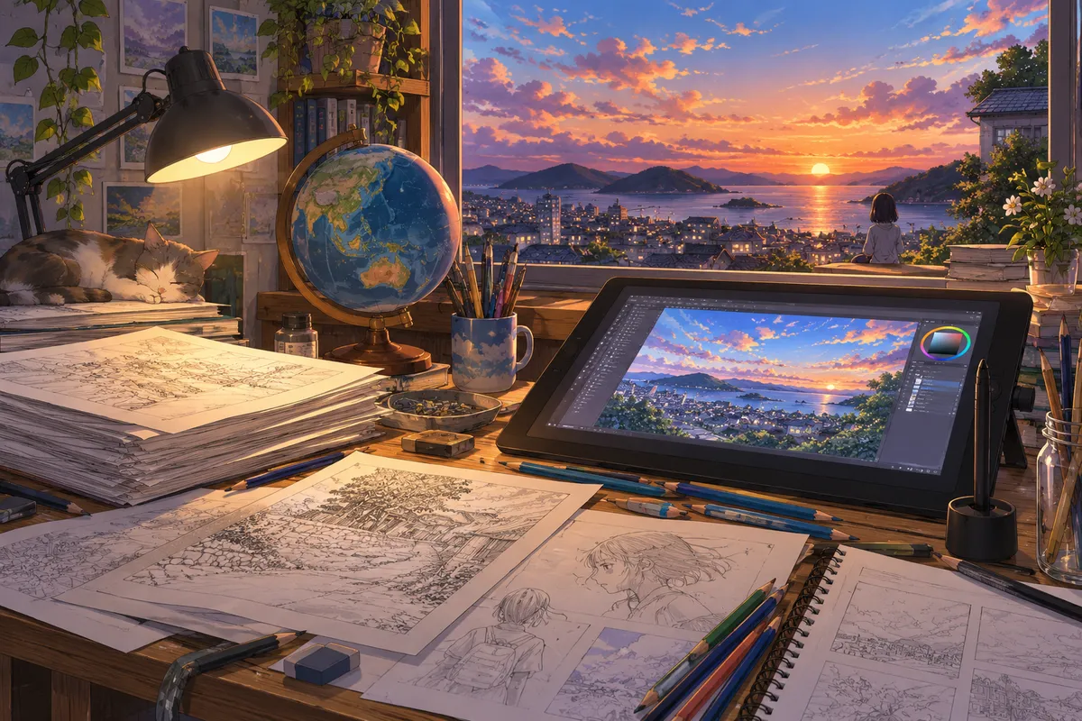夕方の窓辺にあるアニメーターの机。手がきのスケッチの束と光るペンタブレット、そばに小さな地球儀
