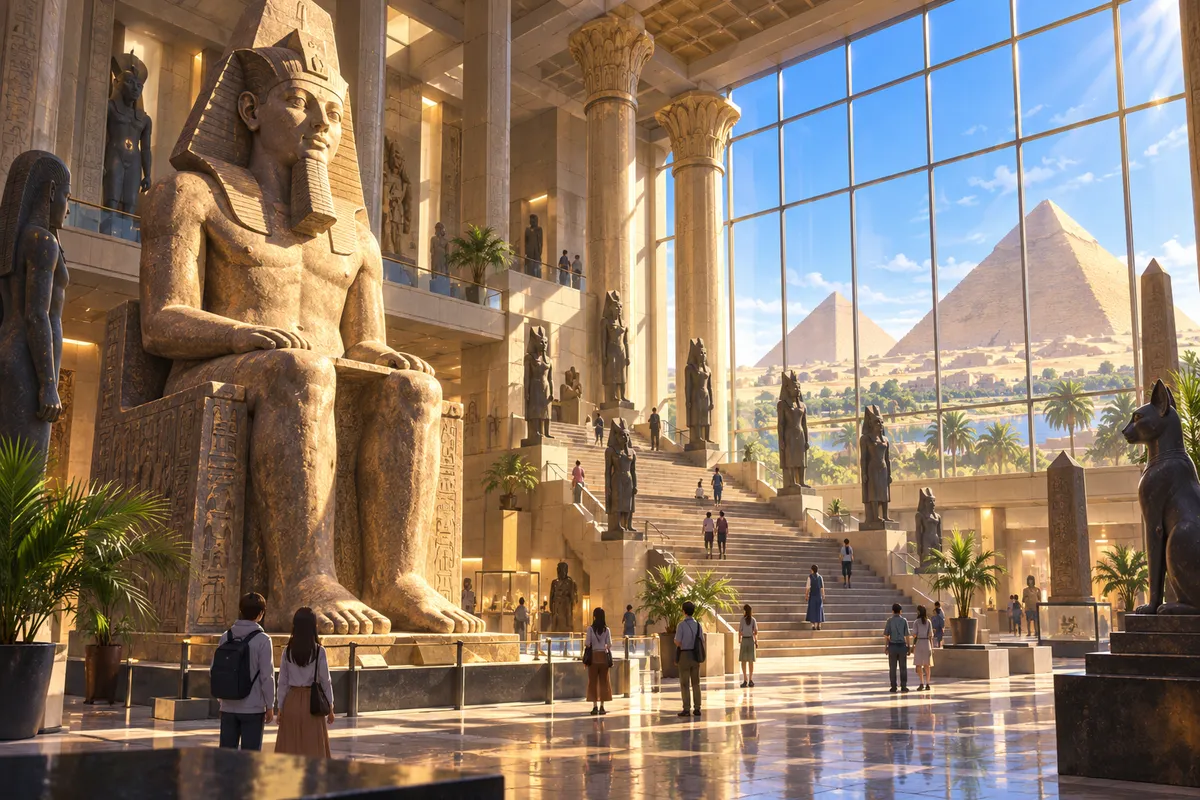 古代の王の巨大な石像と像が並ぶ大階段がある広いホール。大きな窓の外に砂漠のピラミッドが見える
