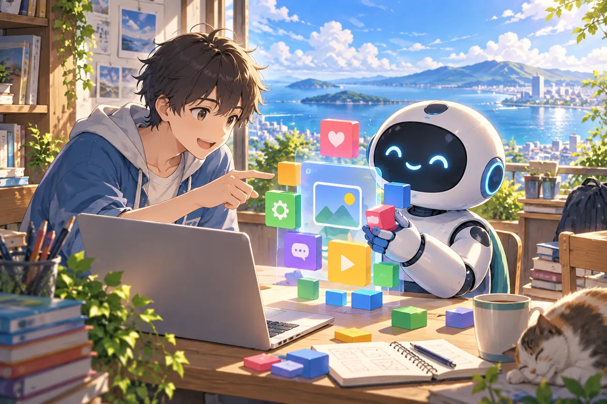 ノートパソコンの横で、丸いロボットが浮かぶブロックでアプリを組み立て、若者がアイデアを伝えている