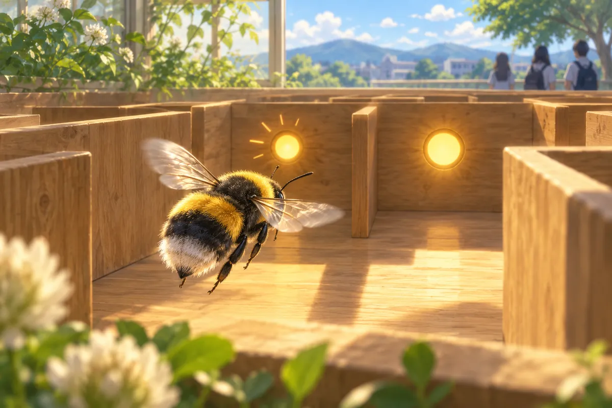 木の迷路の中で、光る2つの黄色い円の前を飛ぶふわふわのマルハナバチ