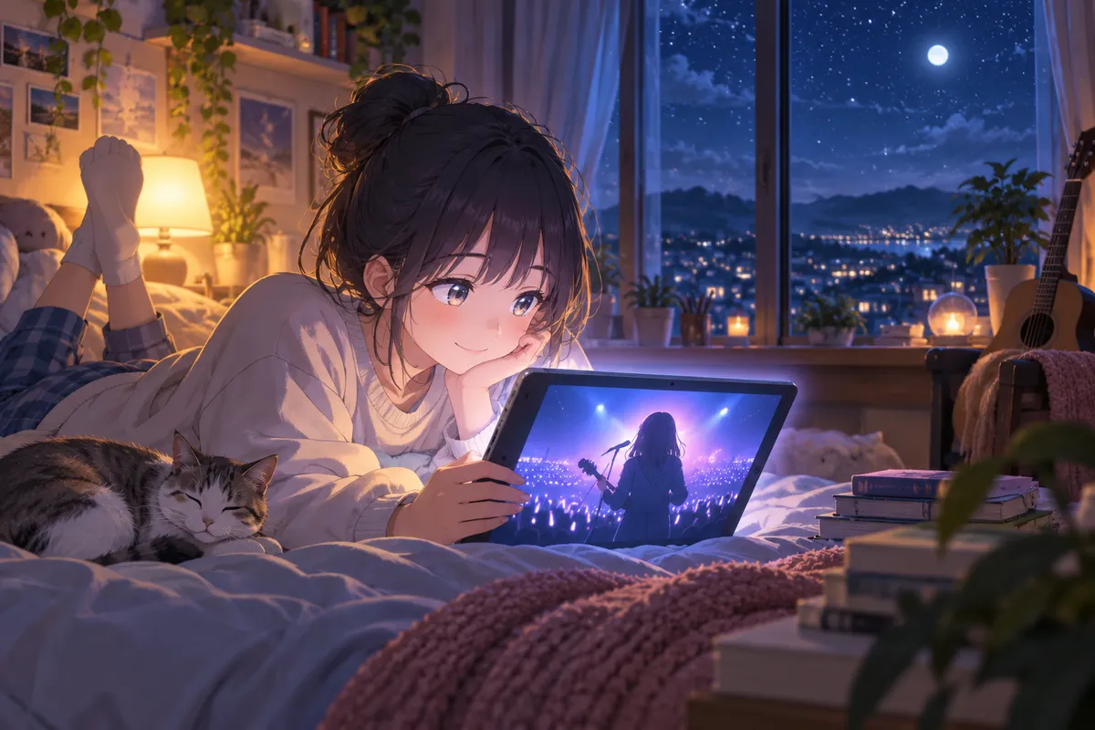 夜、ベッドの上でタブレットに映るステージの人影を笑顔で見つめる若者