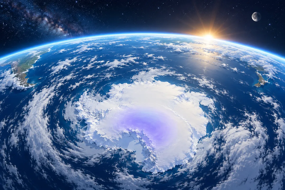 宇宙から見た南極と、地球をつつむ青い空気の層。南極の上にうすい紫色の部分が小さく残っている