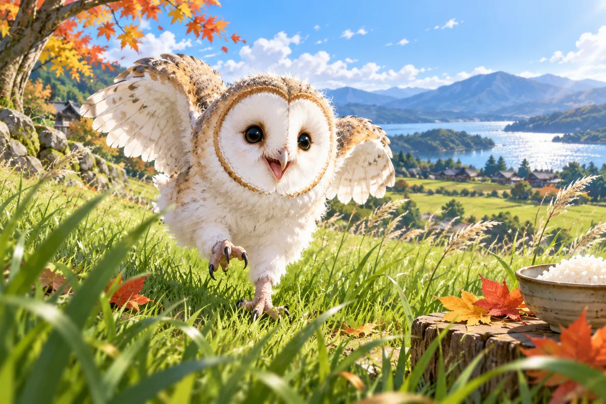 晴れた日に草むらを走るメンフクロウのひな。すみにはお米の入った茶わんと紅葉が描かれている
