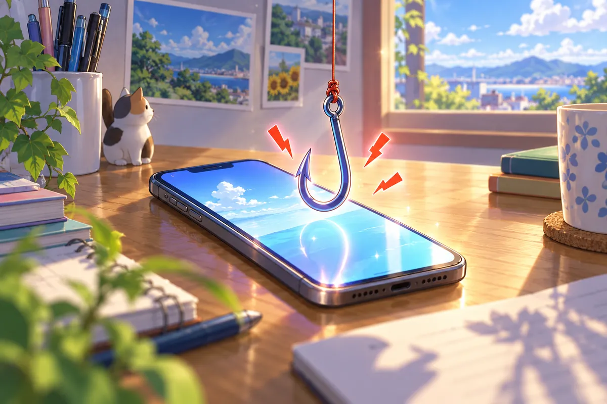 机の上のスマホの前に釣り針がぶら下がり、まわりに赤い火花が飛んでいるイラスト