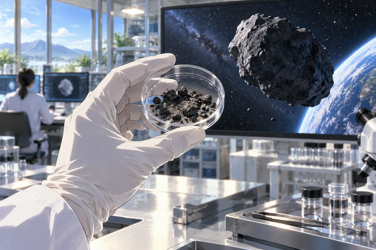 研究室で、黒い小惑星の砂つぶが入った小さなガラス皿を手袋の手が持っている様子