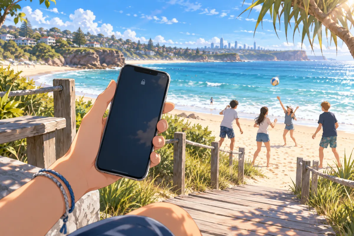 オーストラリアの海辺で、ロックされた画面のスマホを持つ手。後ろでは友だちがボールで遊んでいる