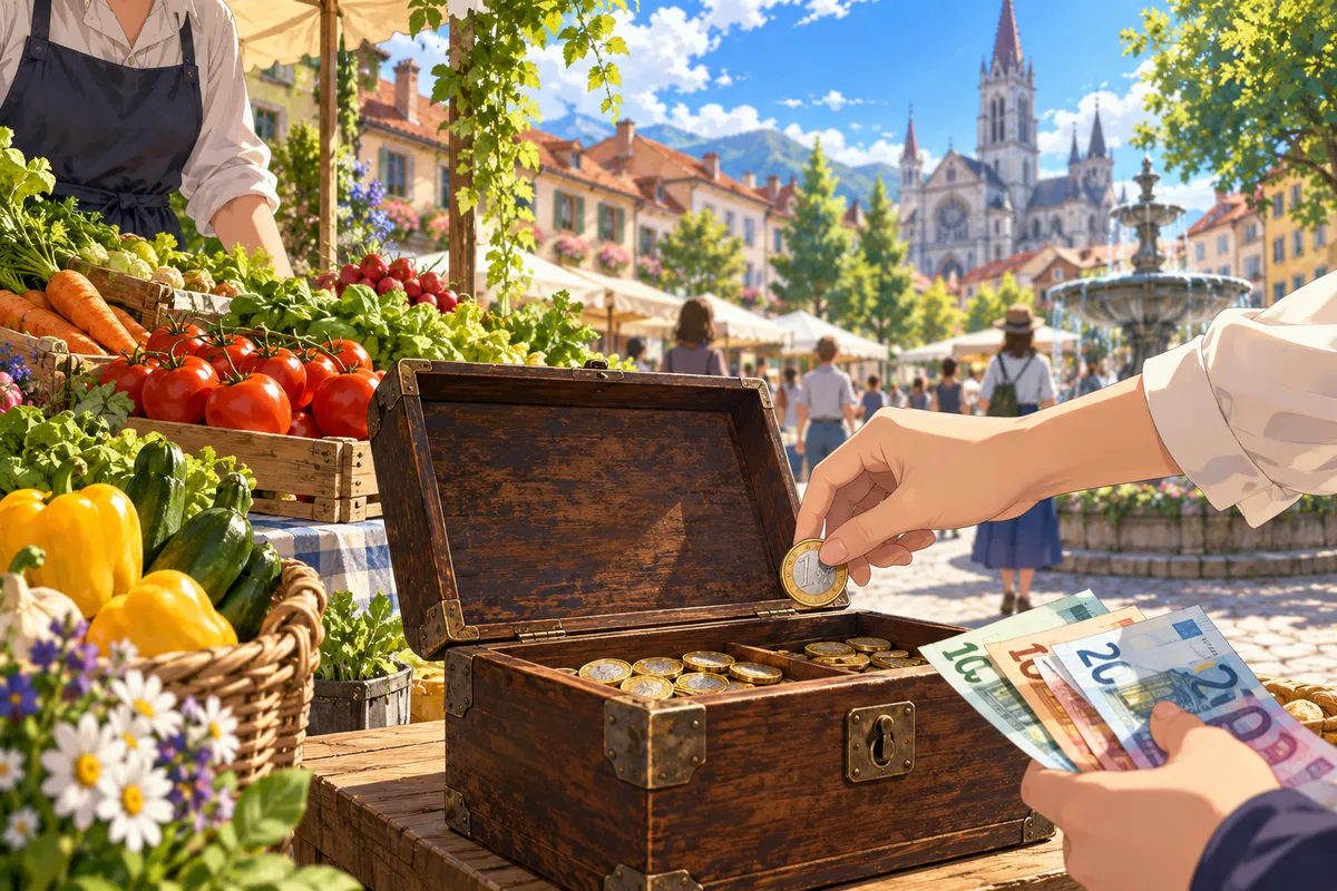 日の当たるヨーロッパの町の市場で、木のレジ箱に新しい硬貨とお札が入れられている