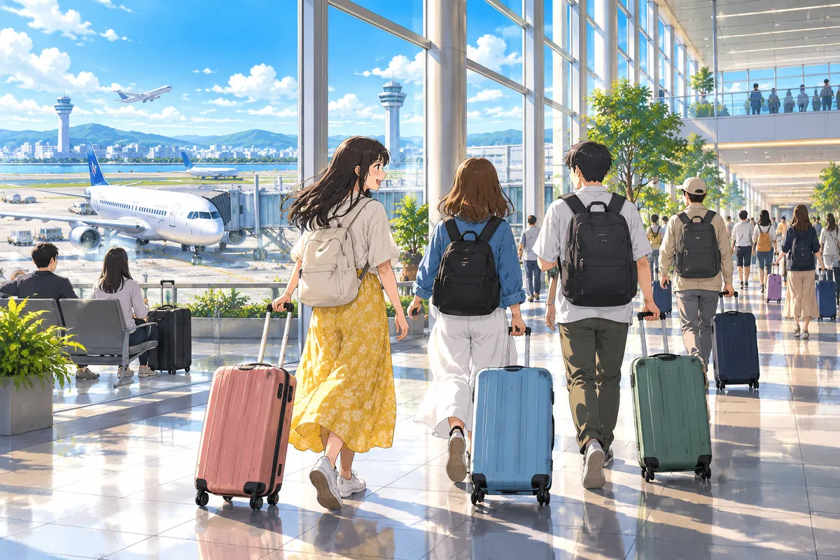 明るい日本の空港の到着ロビーを、カラフルなスーツケースを持って歩く旅行者たち。窓の外には飛行機と青空