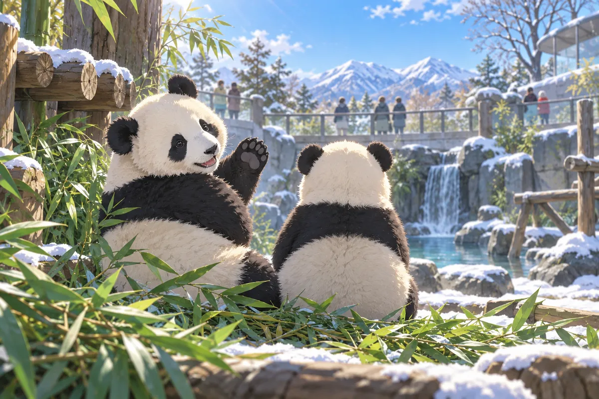 冬の朝、動物園の竹林に並んで座る2頭の若いジャイアントパンダ。1頭がふり返っている