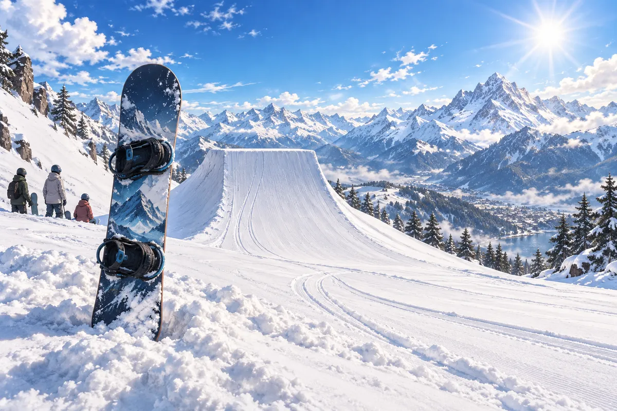 アルプスの雪山を背景に、大きなジャンプ台のふもとに立てられたスノーボード