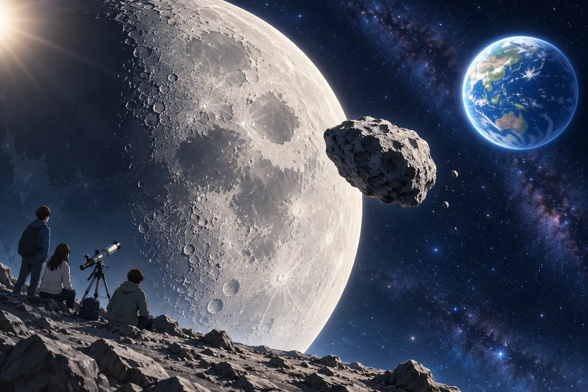 クレーターのある月のそばを通りすぎていく小さな灰色の小惑星と、遠くにうかぶ青い地球