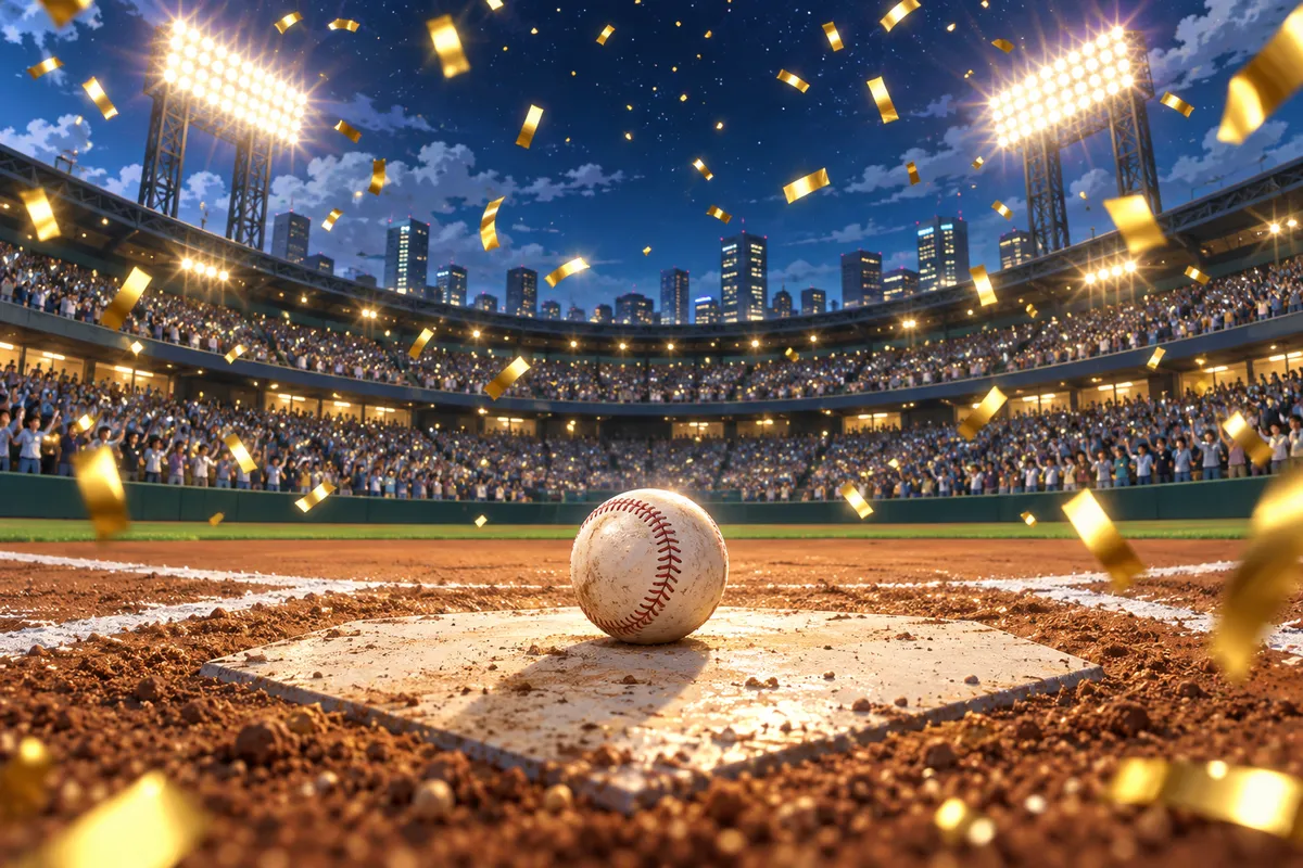夜のスタジアムのホームベースの上に置かれた野球ボール。金色の紙吹雪が舞っている