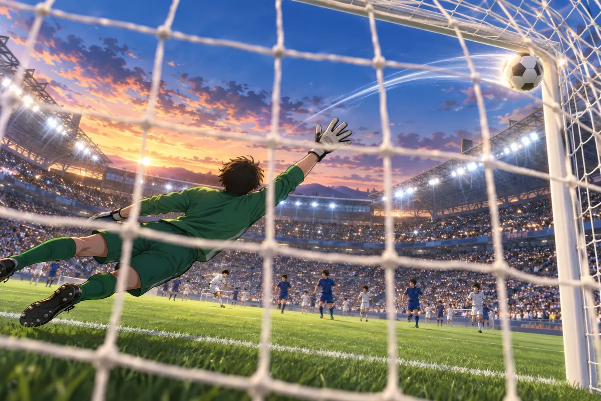 夜のスタジアムで、ゴールのすみに向かってカーブしながら飛んでいくサッカーボール