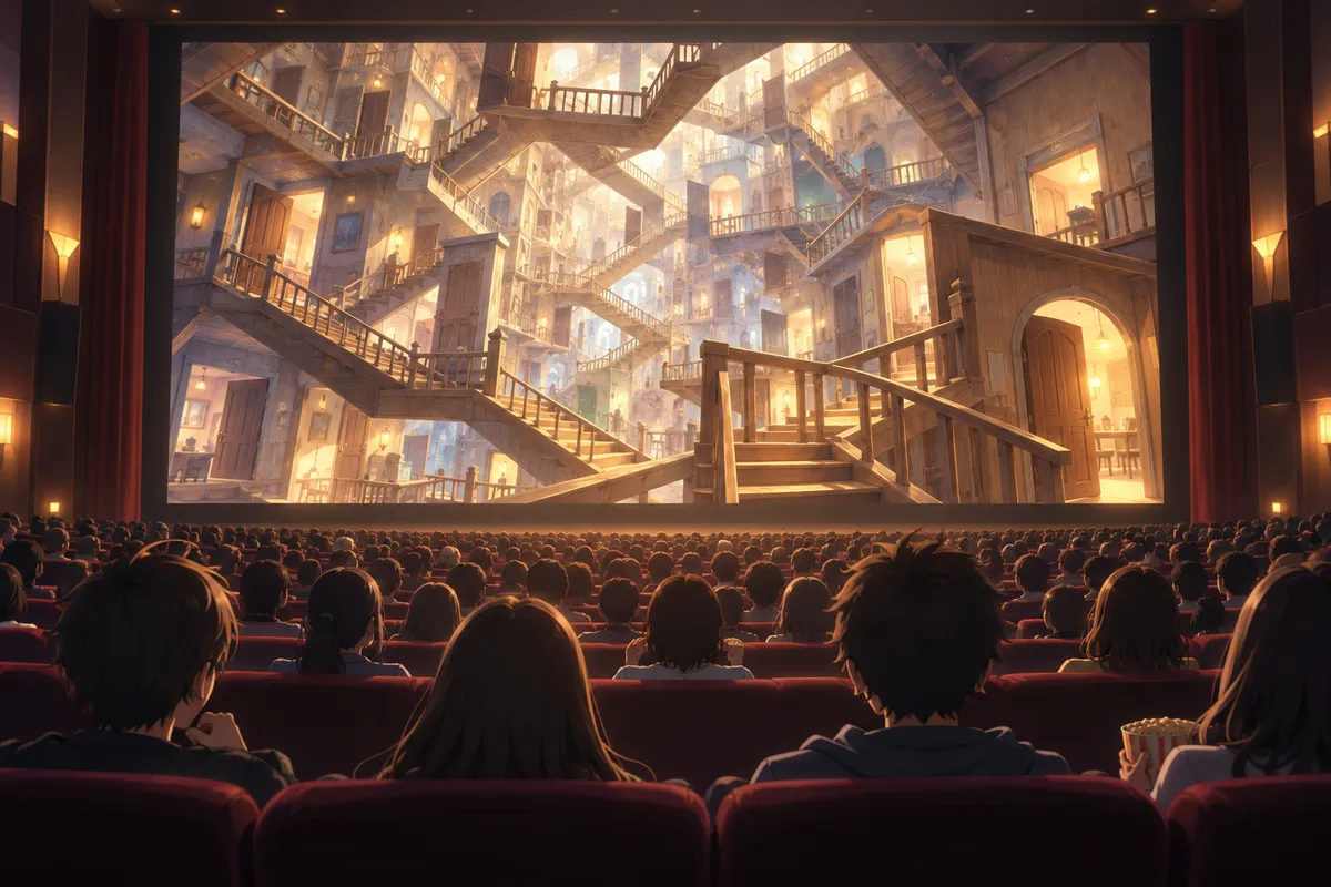 満員の映画館。スクリーンには、どこまでも続く木の部屋と階段の迷路のような景色が映っている