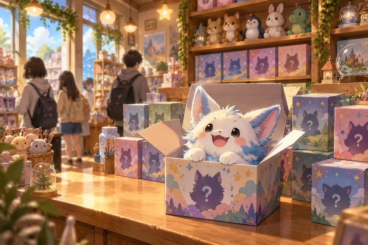 おもちゃ屋の棚に並ぶ中身の見えない箱と、開けた箱から出てきたふわふわの小さなモンスター人形