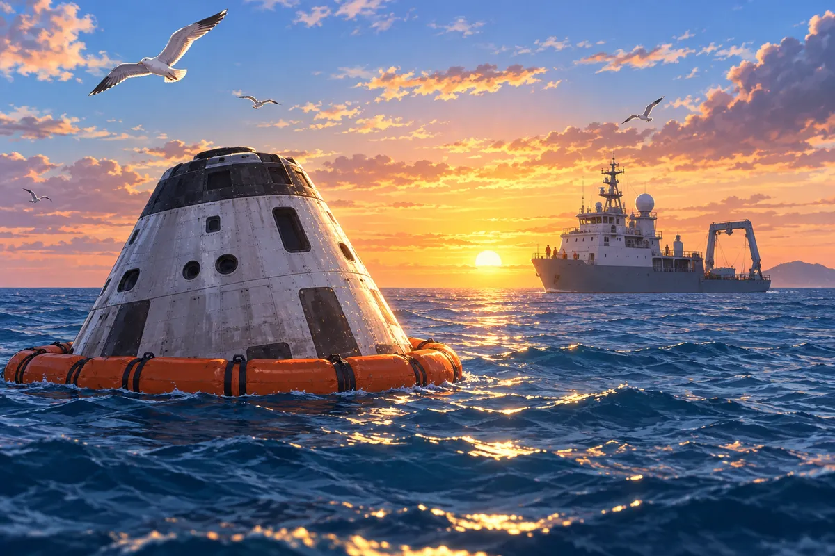 夕方の青い海に浮かぶ円すい形の宇宙カプセルと、遠くで待つ船