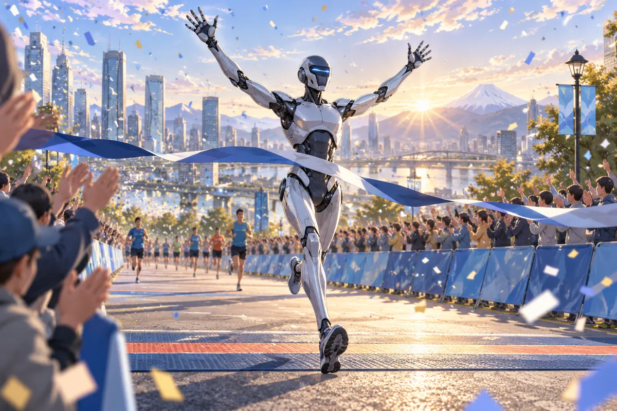 朝の街のマラソンのゴールに走りこむ、足の長い銀色のヒト型ロボット