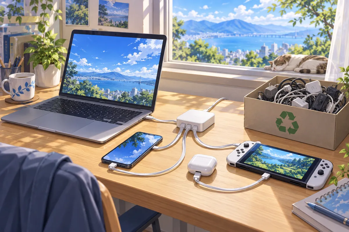 1つの充電器につながったノートパソコン・スマホ・イヤホン・ゲーム機と、リサイクル箱に入った古い充電器