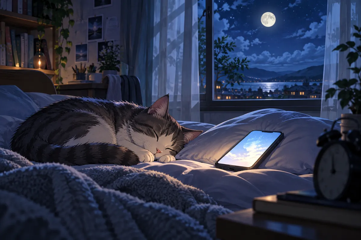 夜の暗い寝室で、まくらの上に光るスマホと、そのそばで眠そうなネコ。カーテンから月の光