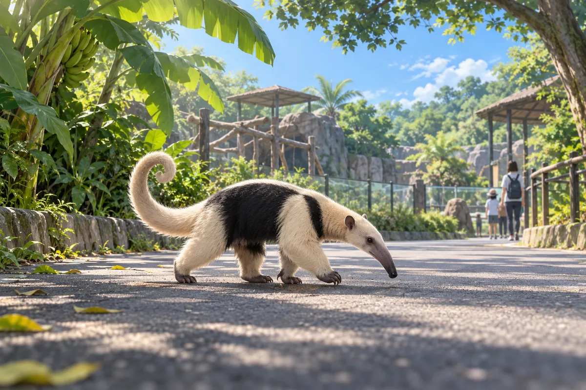 朝の動物園で、熱帯の植物にかこまれた道をそっと横切るコアリクイ