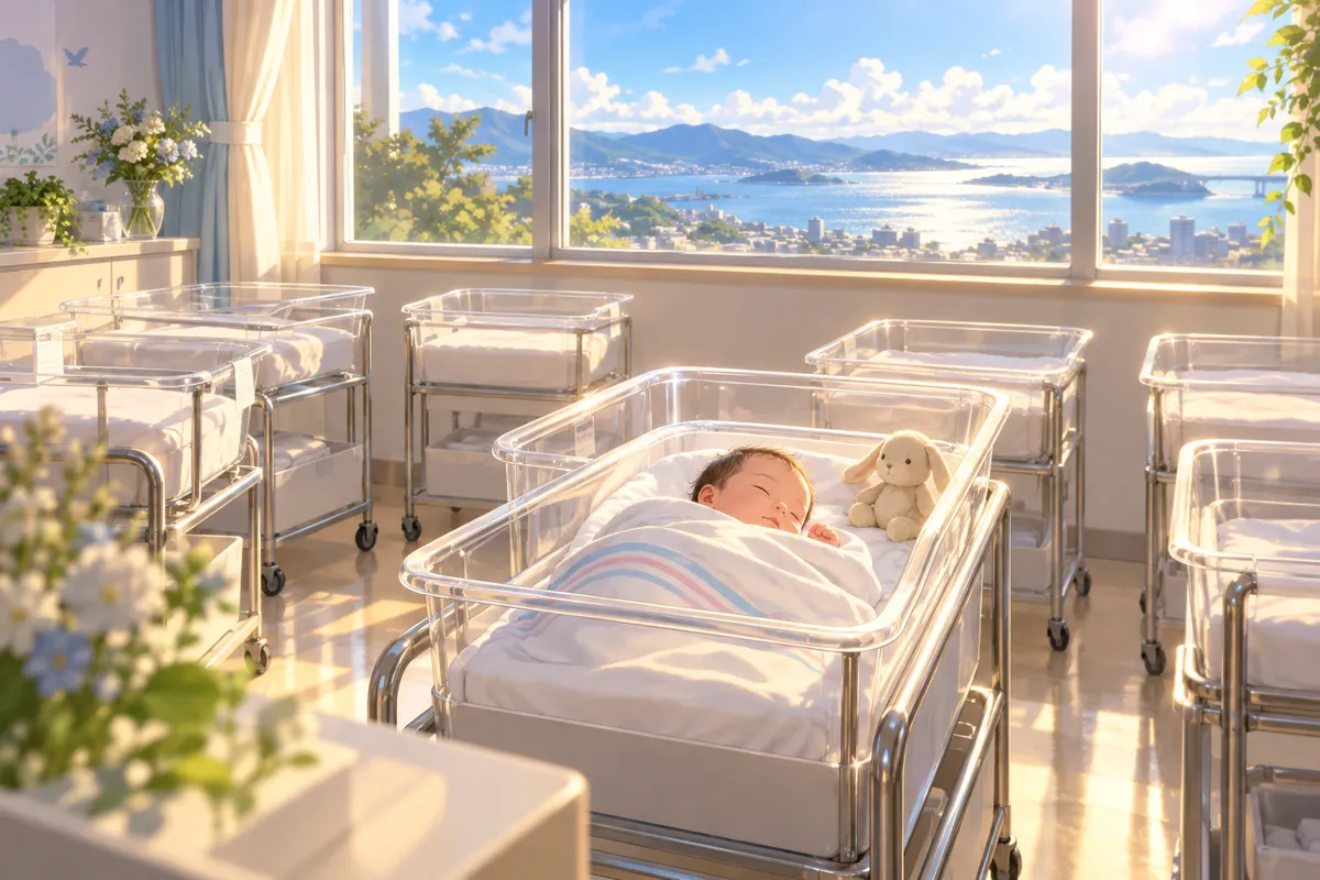 日の差しこむ新生児室。やわらかい毛布にくるまれて眠る赤ちゃんと、空いている小さなベッドが並ぶ