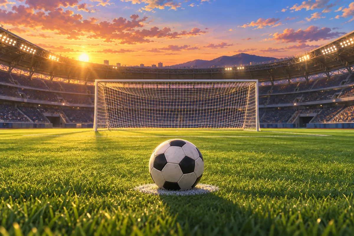 夕暮れのスタジアム。ペナルティースポットに置かれたサッカーボールとゴール