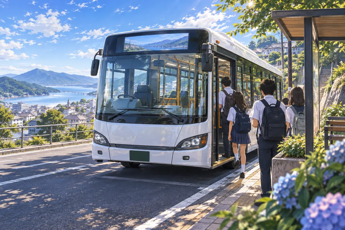 晴れた朝、日本のバス停にとまった運転席が空っぽの白い路線バス。ドアが開き、乗客が乗りこんでいる