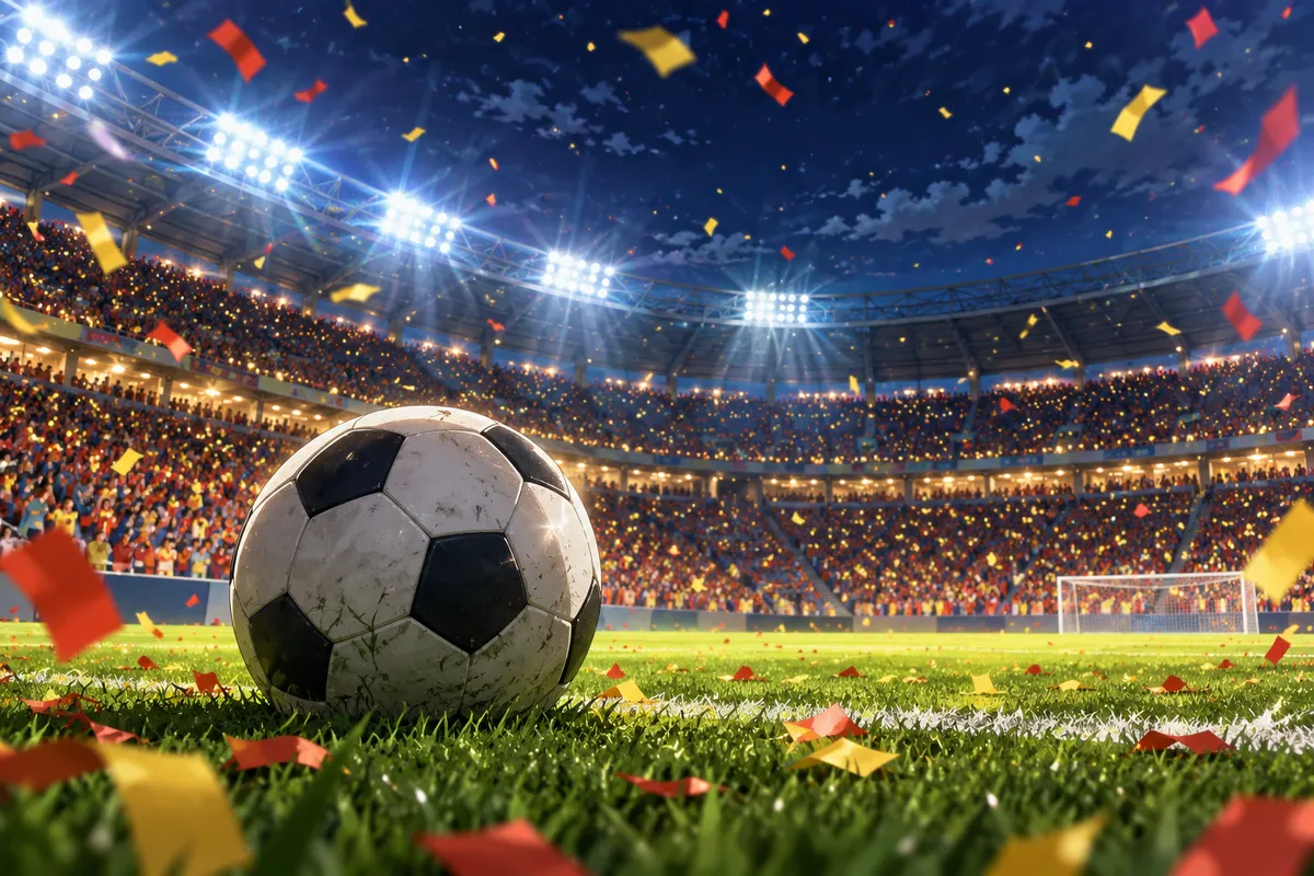 夜の大きなスタジアム。芝生の上のサッカーボールに赤と黄色の紙吹雪が降っている