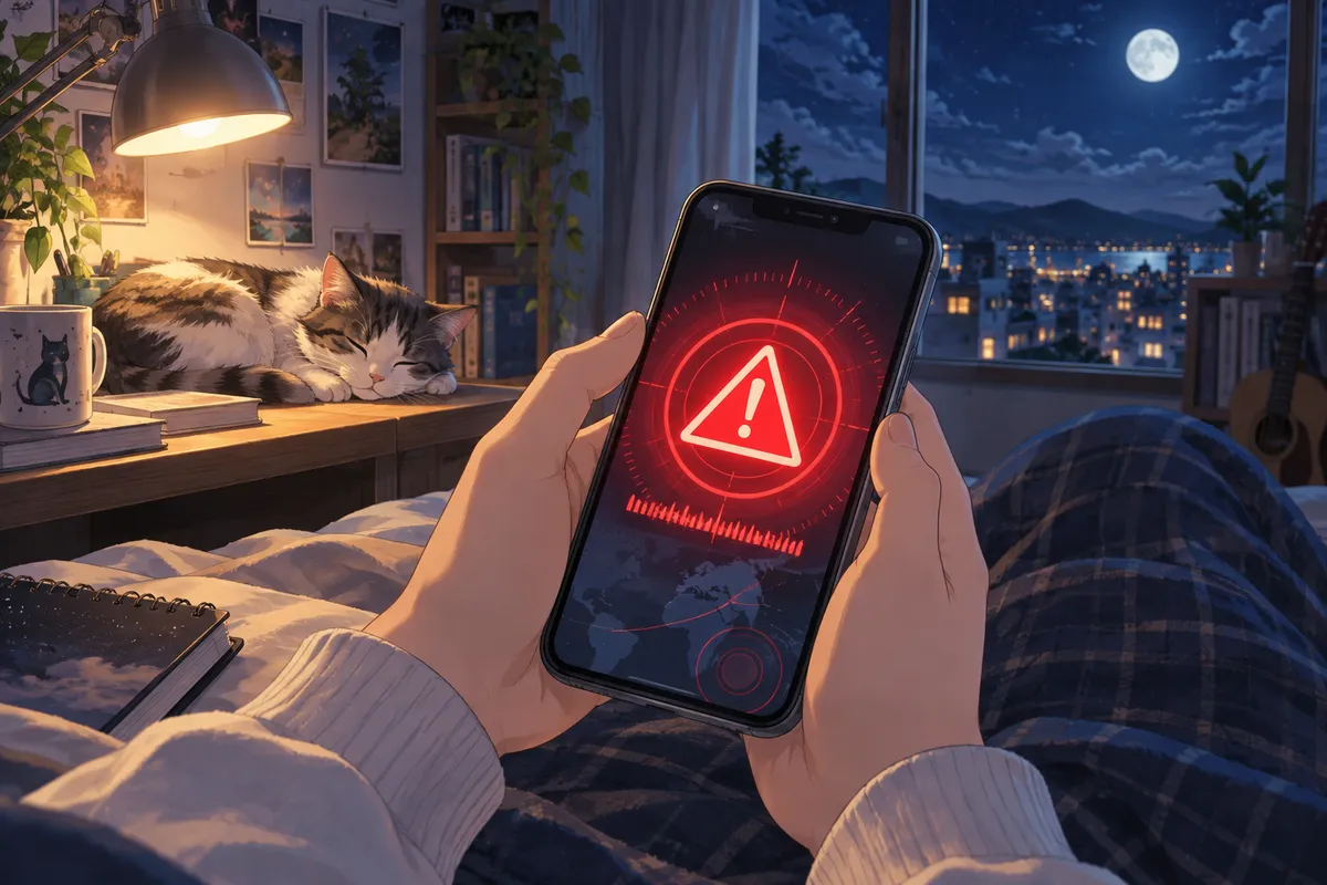 夜の部屋でスマホを持つ手。画面には赤い警告のマークが光っている。そばでネコが眠っている