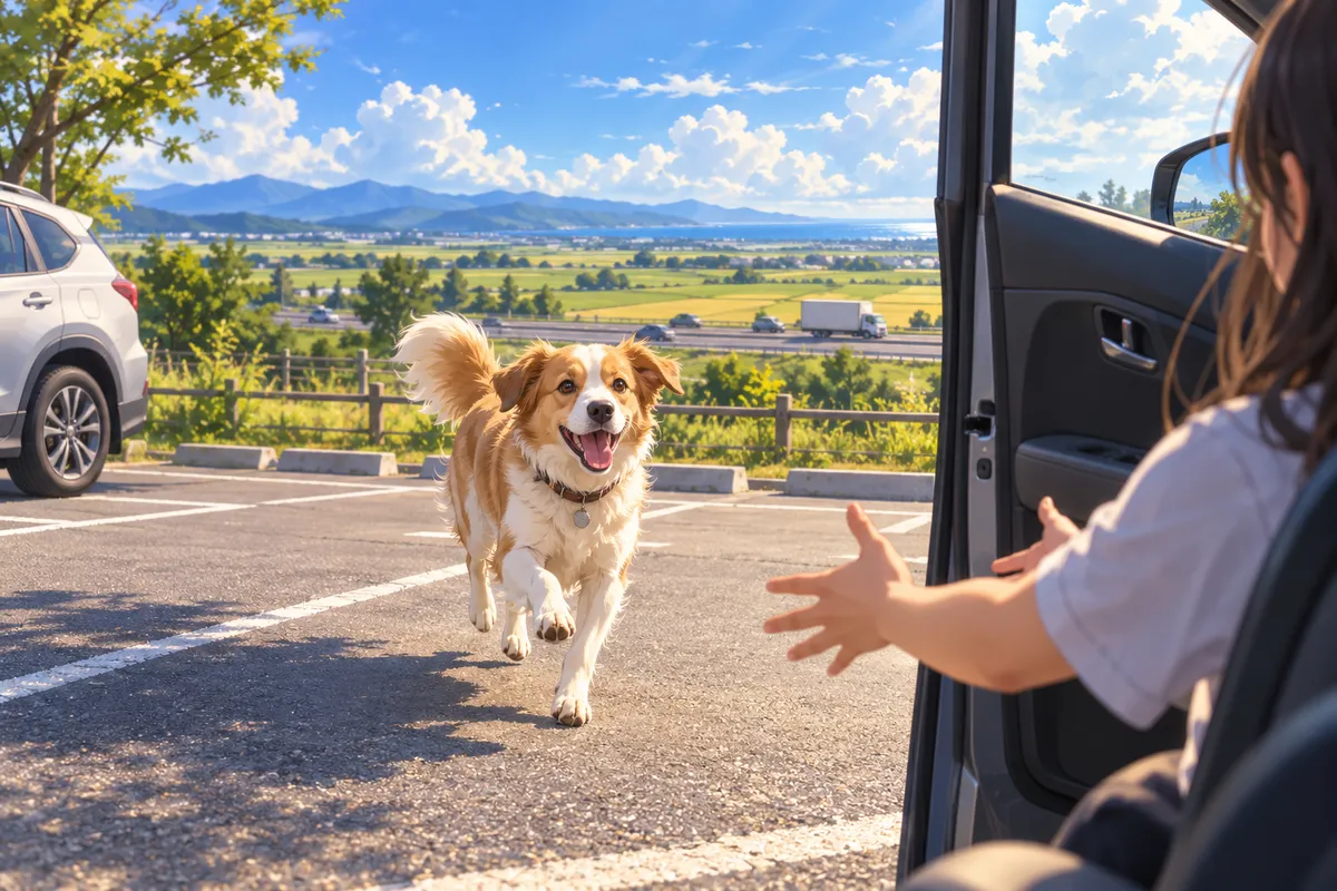 晴れた駐車場で、開いた車のドアに向かってうれしそうに走る犬