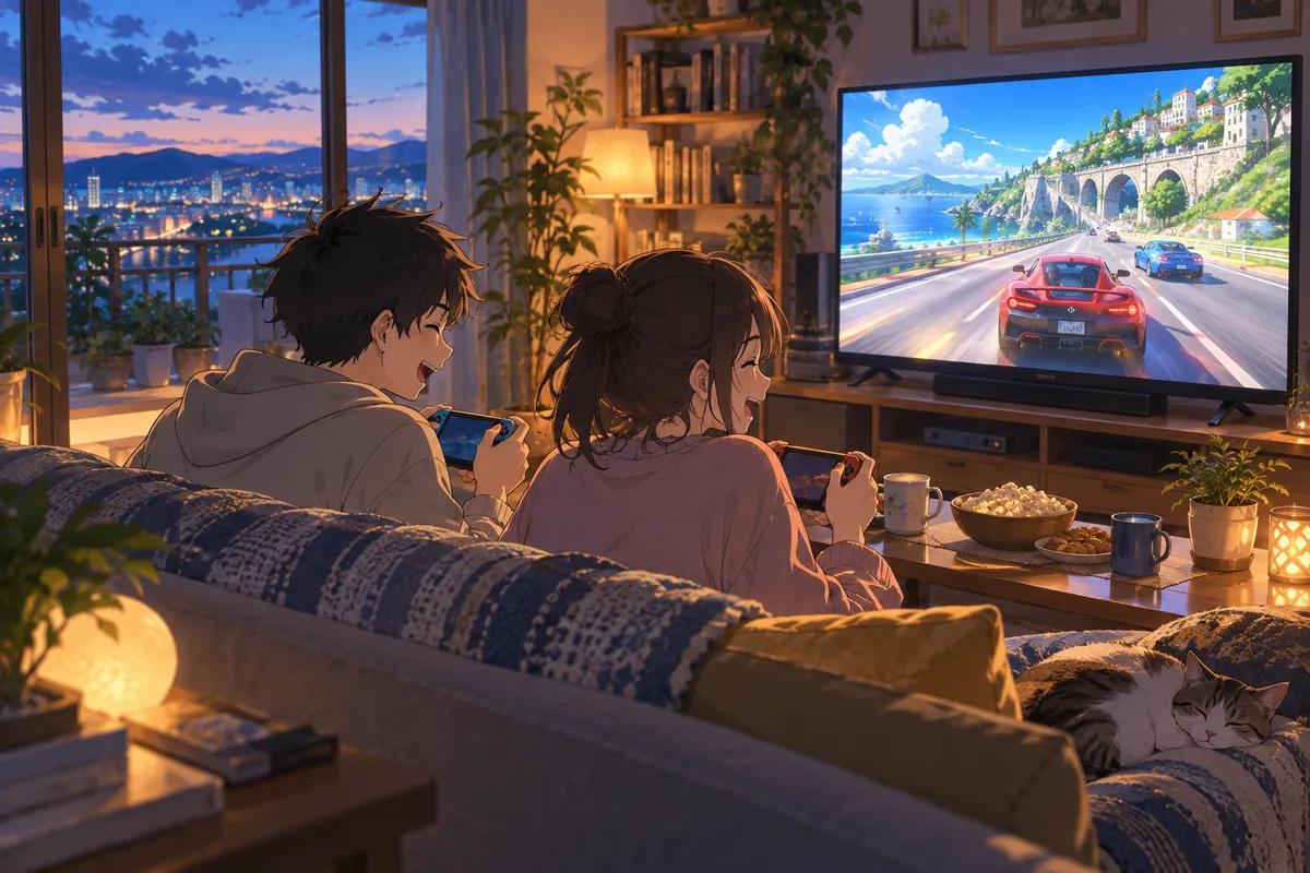 リビングのソファでゲーム機を持って笑い合う2人の若者。前のテレビにはレースゲームの画面