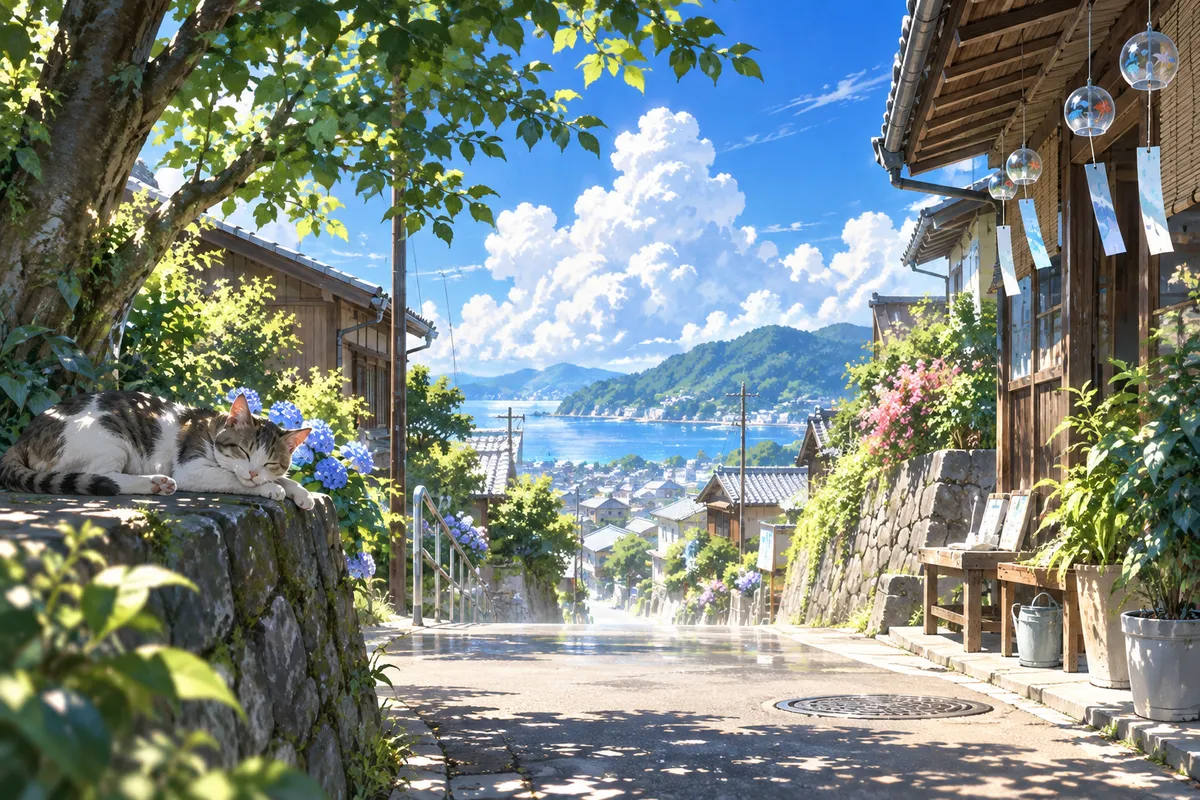 陽炎が立ちのぼる夏の午後の町の通り。軒先の風鈴、木かげで休むネコと真っ青な空