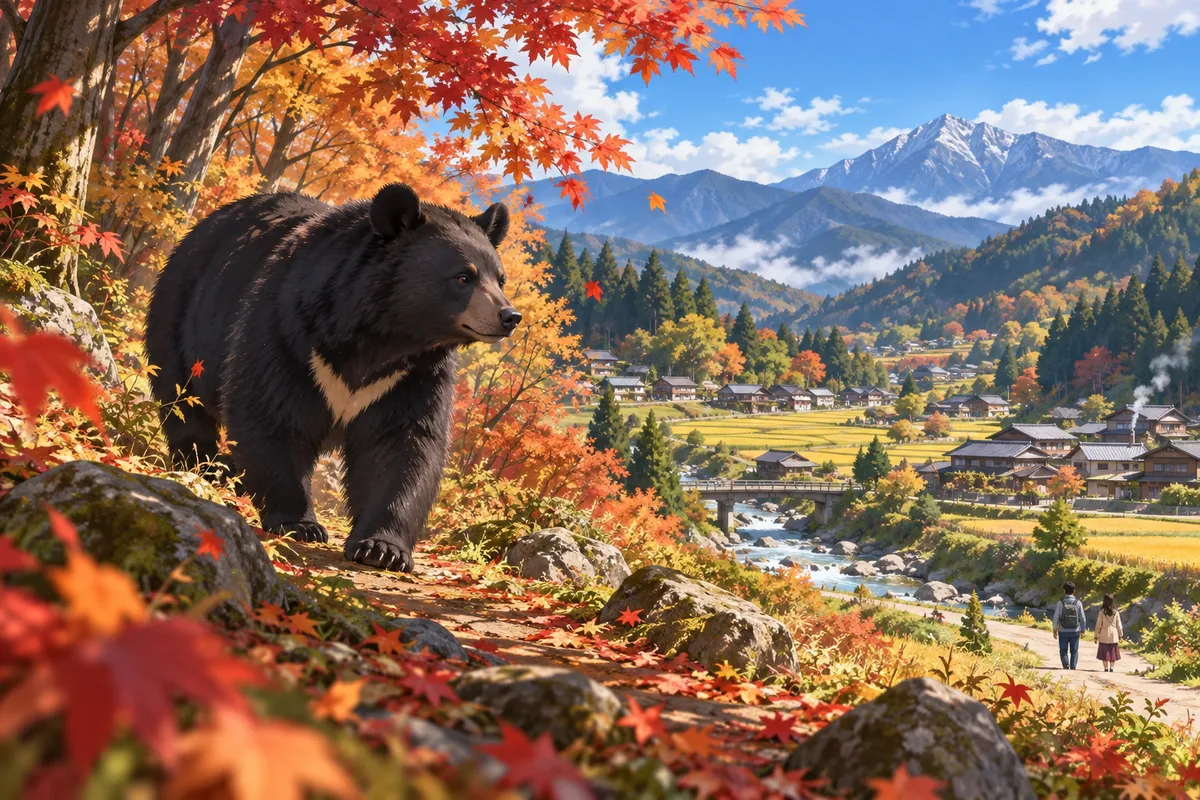 紅葉した森のはずれを歩くツキノワグマ。遠くに田んぼと山あいの村の家々が見える
