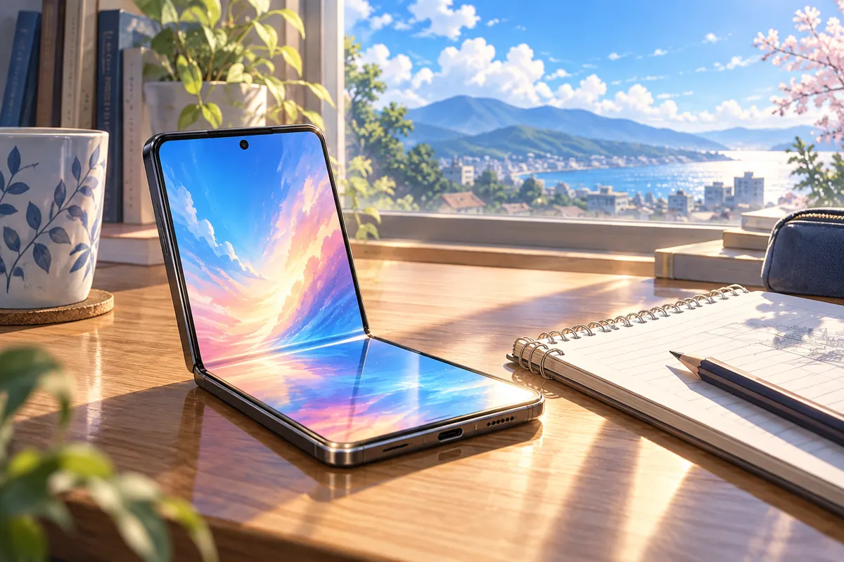木の机の上で、小さな本のように半分開いた折りたたみスマホ。大きな画面がカラフルに光っている