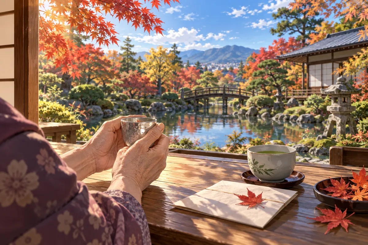 秋の日ざしの中、木のテーブルの上で銀の杯と手紙を持つお年寄りの手。そばに緑茶ともみじ