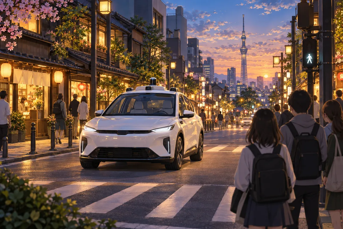 夕方の東京の商店街のような細い道を走る、運転席にだれもいない白いタクシー