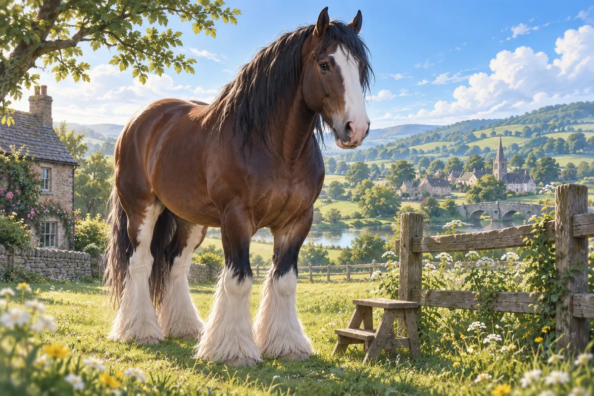 イギリスの緑の牧場で、木の柵と踏み台のそばに立つ大きなシャイヤー種の馬
