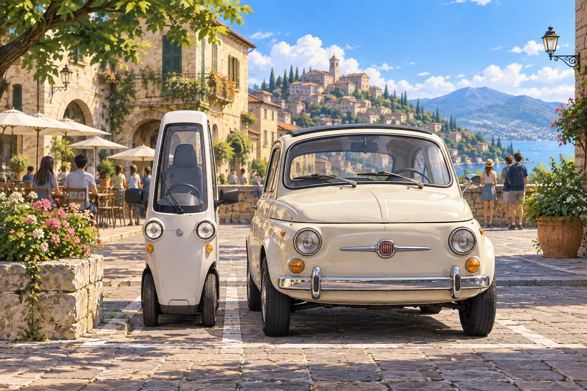 イタリアの村の広場で、ふつうの古い車のとなりにとまっている、人1人分の幅しかないとても細い車