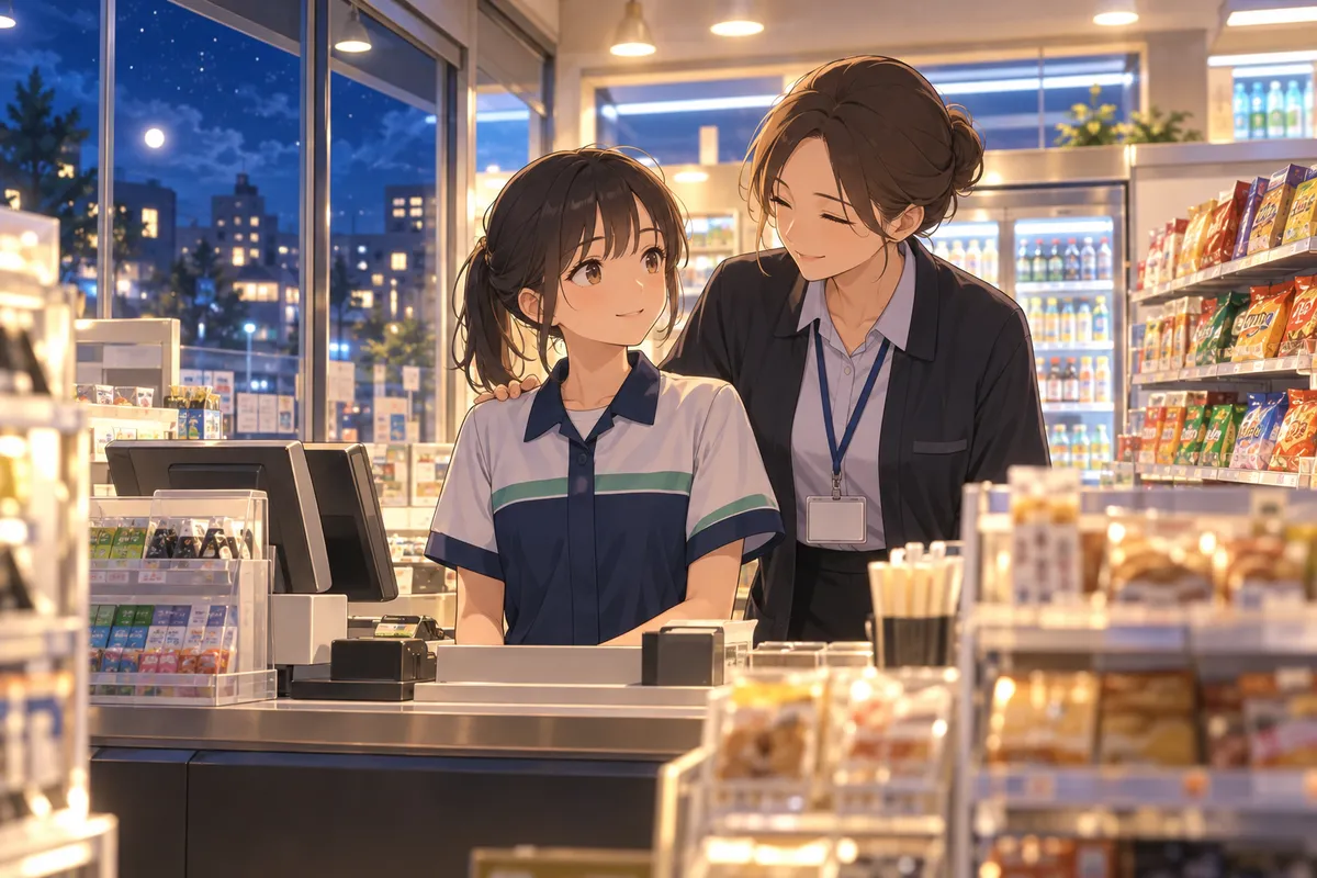 夜の明るいコンビニのレジに落ち着いて立つ若い店員と、となりで支える店長