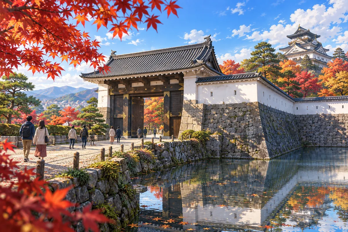 秋の晴れた朝の京都の城。堀と白い壁、大きな門、砂利道を歩く人々と色づくもみじ