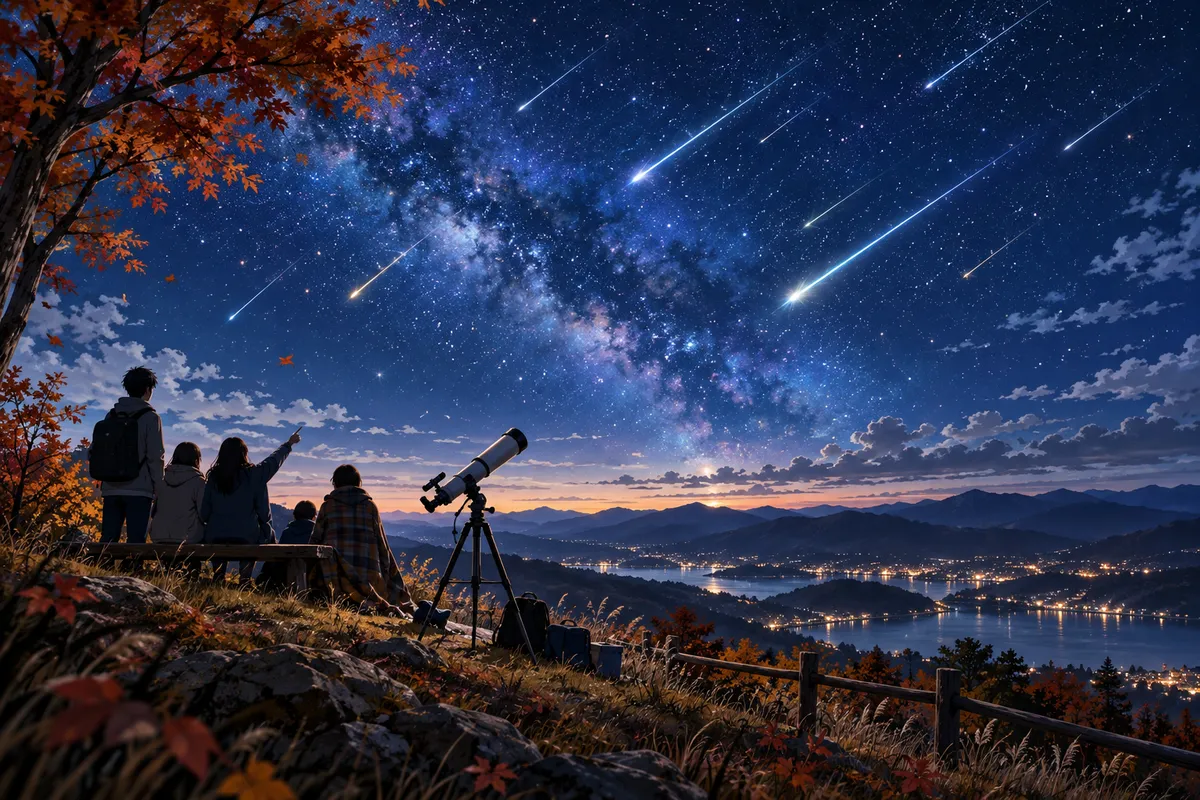 秋の星空を流れるいくつもの流れ星。丘の上に木のシルエットと小さな望遠鏡が見える