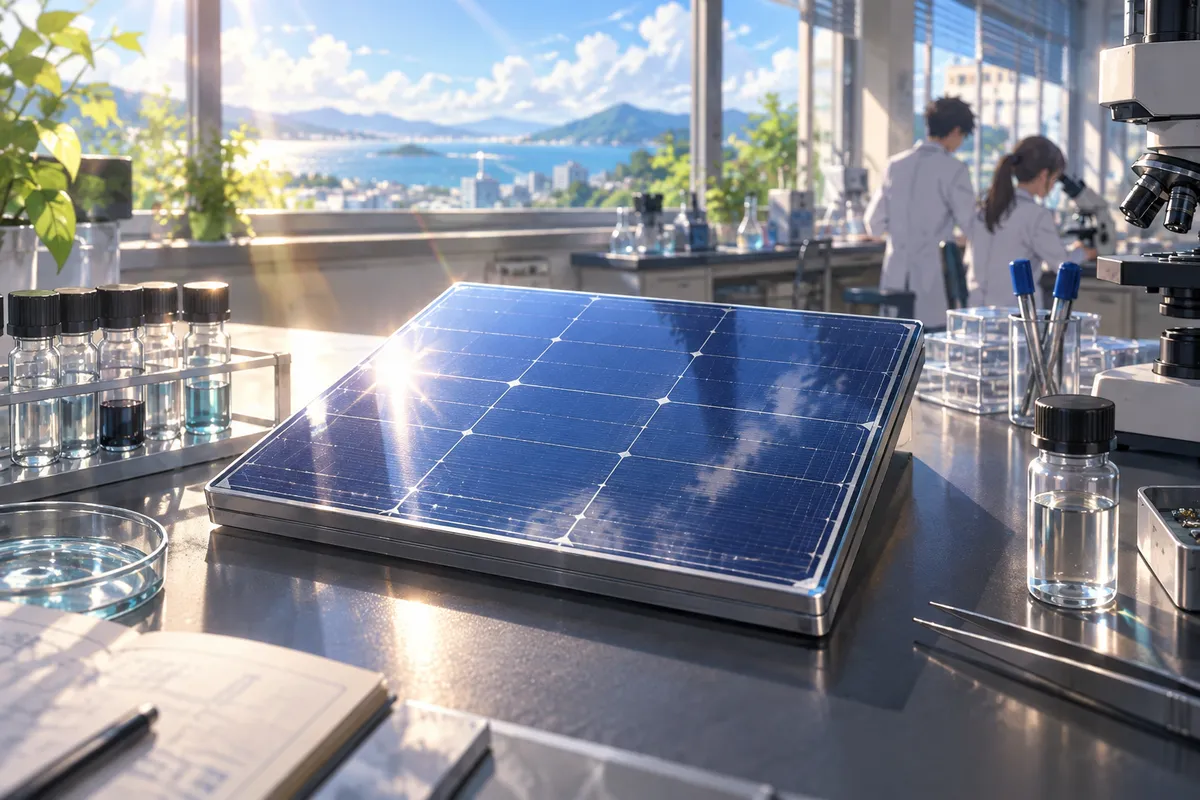 研究室の机の上に置かれた、本くらいの大きさの正方形の青い太陽電池パネル。窓からの日光がつやのある表面に当たっている