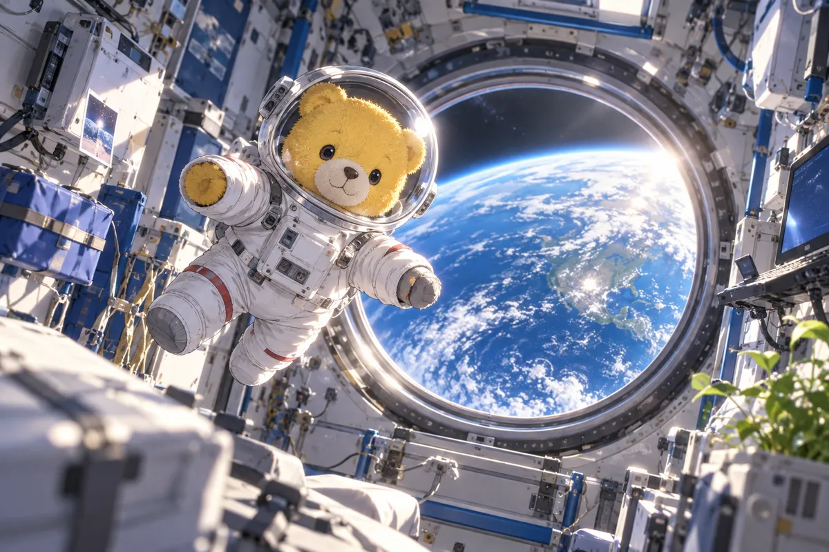 宇宙ステーションの中でふわりと浮かぶ、小さな宇宙服を着た黄色いぬいぐるみ。窓の外に青い地球が見える