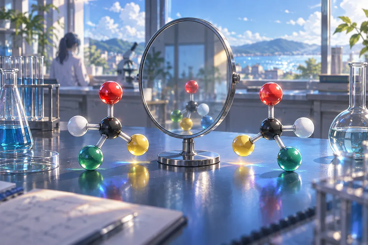丸い鏡をはさんで、鏡に映したような形の2つの分子模型が実験台に置かれている