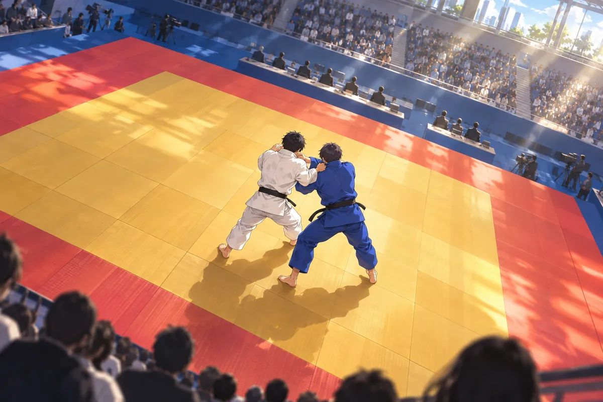 明るい会場の大きな畳の上で、白と青の柔道着の選手が組み合っている様子