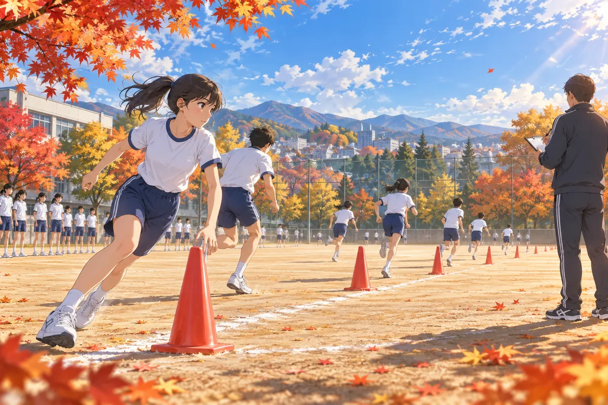 秋の晴れた校庭でシャトルランをする体操服の中学生と、記録をとる先生
