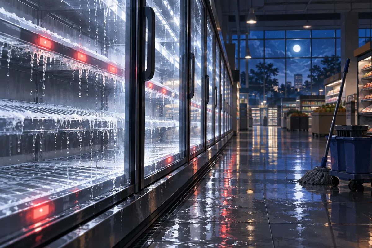 夜のスーパーで、霜がとけて水がしたたるガラスとびらの冷蔵庫の列。赤い温度のランプが光っている