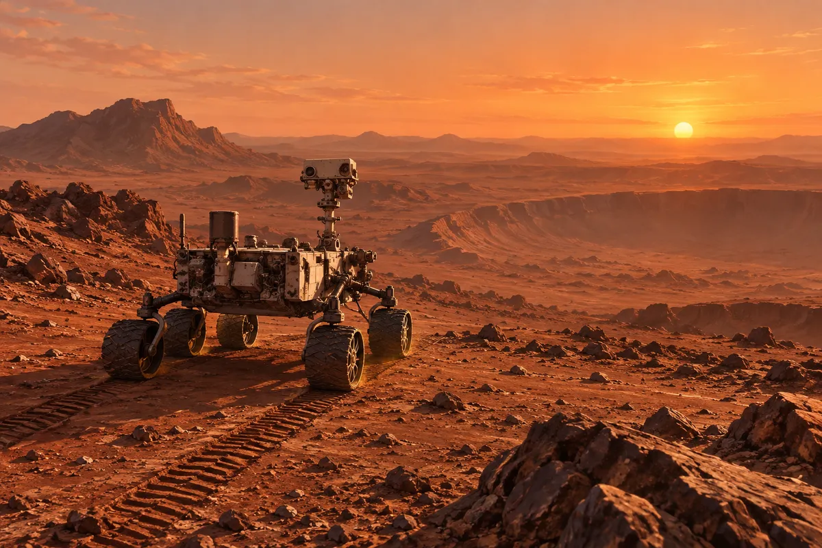 夕方の赤い火星の大地を走る6輪の探査車。うしろには長いわだちが続き、遠くにはクレーターのふちが見える