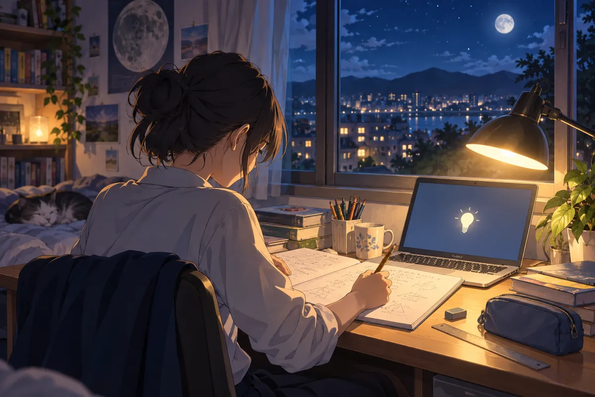 夜の机で、鉛筆で数学の問題を解く高校生。となりのノートパソコンの画面には小さな電球の形が光っている